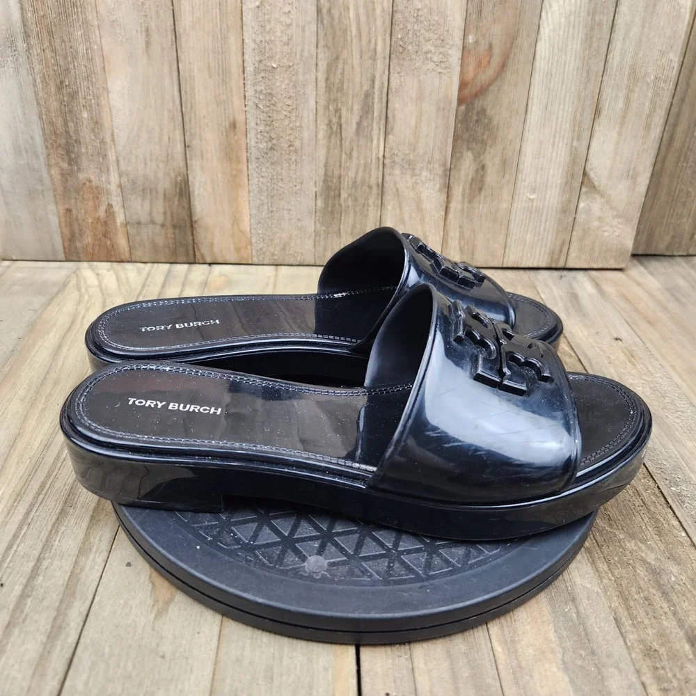 Tory Burch Eleanor Jelly Slide Sandals Womens size 8 Black Logo Platform
